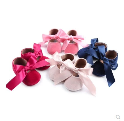 Velvet Baby Girl Shoes with Satin Ribbon Gomaki