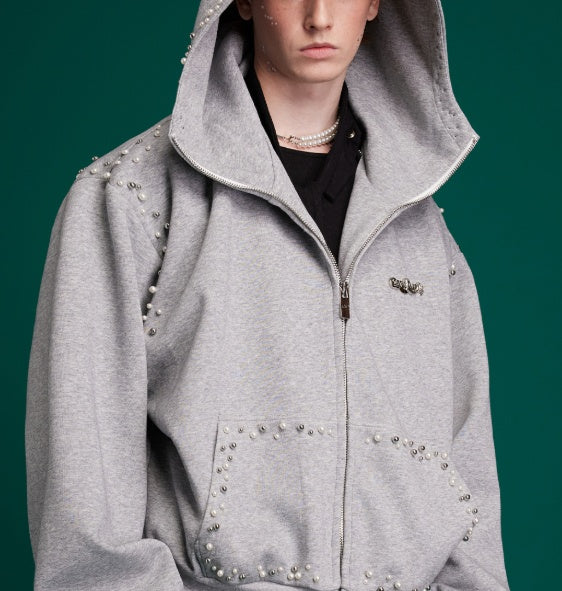 Oversized Grey Studded Zip Hoodie Gomaki