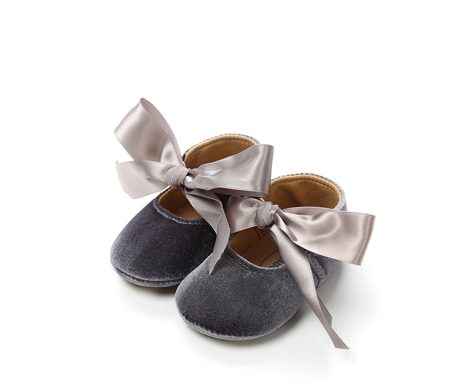 Velvet Baby Girl Shoes with Satin Ribbon Gomaki