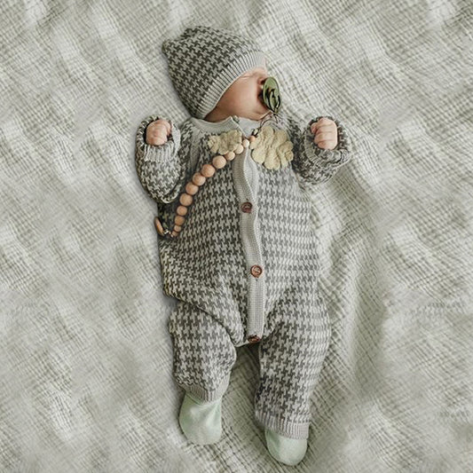 Knitted Houndstooth Baby Romper with Hat Gomaki