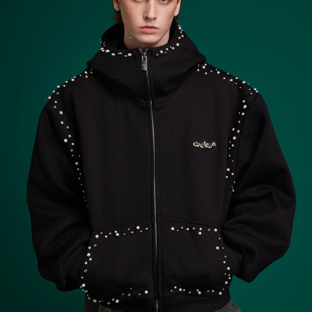 Oversized Grey Studded Zip Hoodie Gomaki