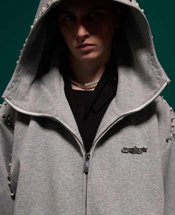 Oversized Grey Studded Zip Hoodie Gomaki