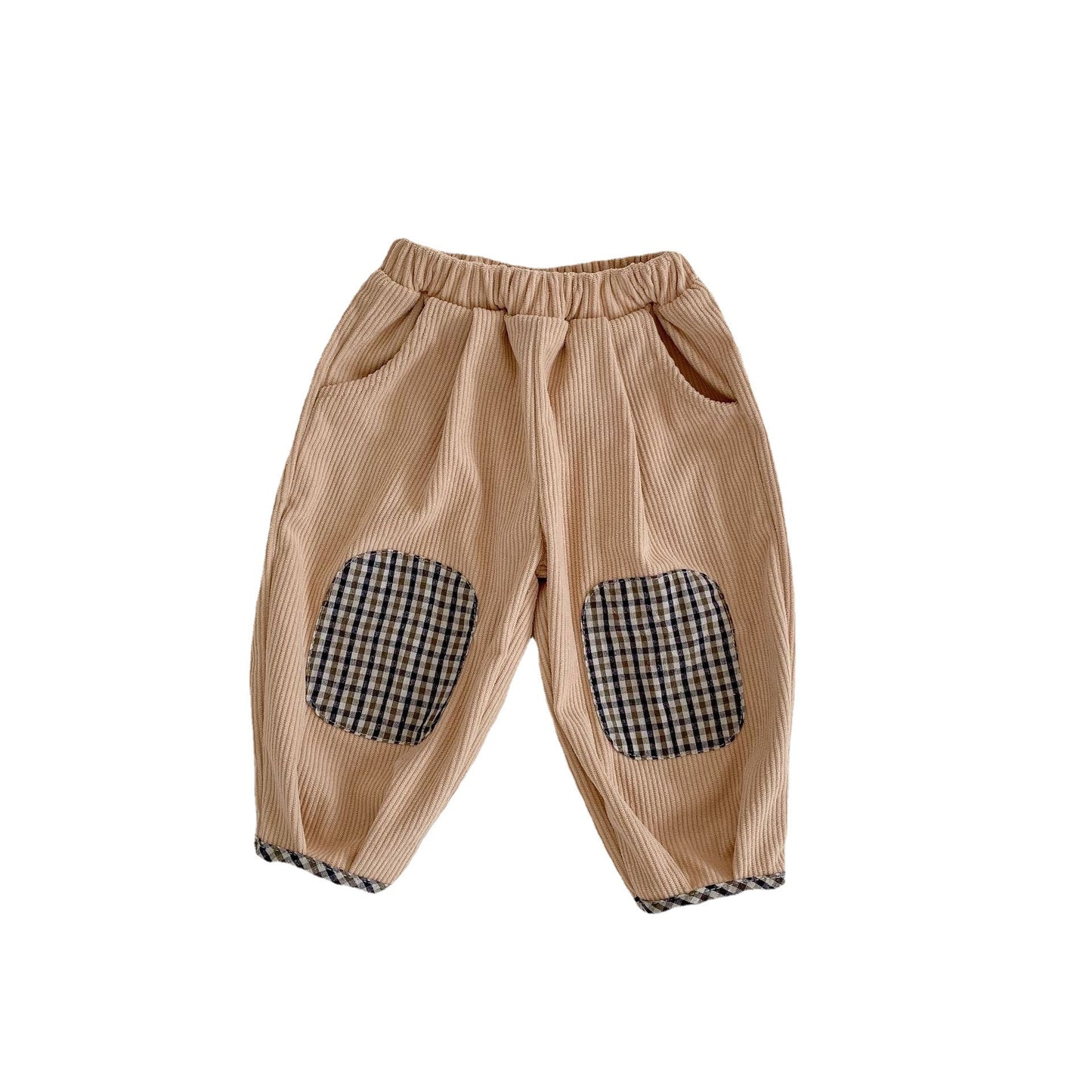 Baby Corduroy Pants with Plaid Patch Details Gomaki