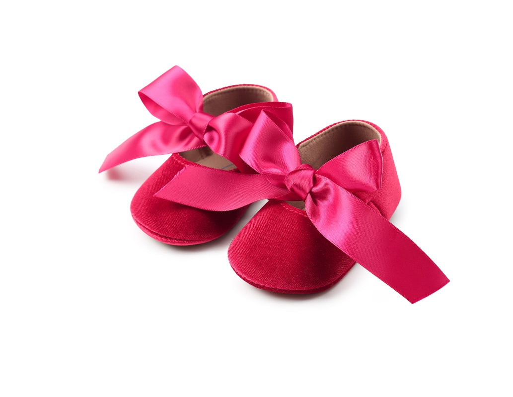Velvet Baby Girl Shoes with Satin Ribbon Gomaki