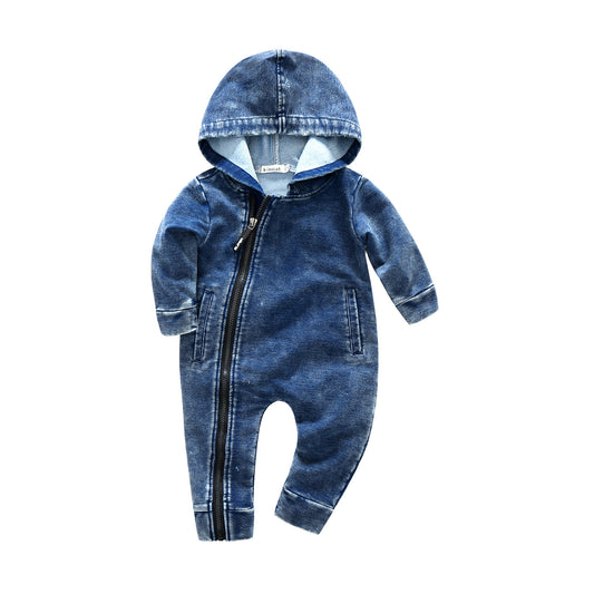 Denim Style Baby Hooded Jumpsuit Gomaki