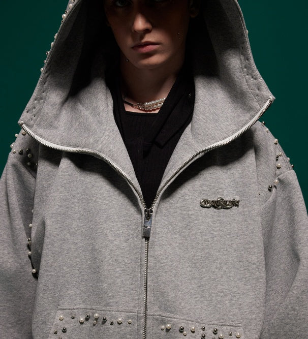 Oversized Grey Studded Zip Hoodie Gomaki