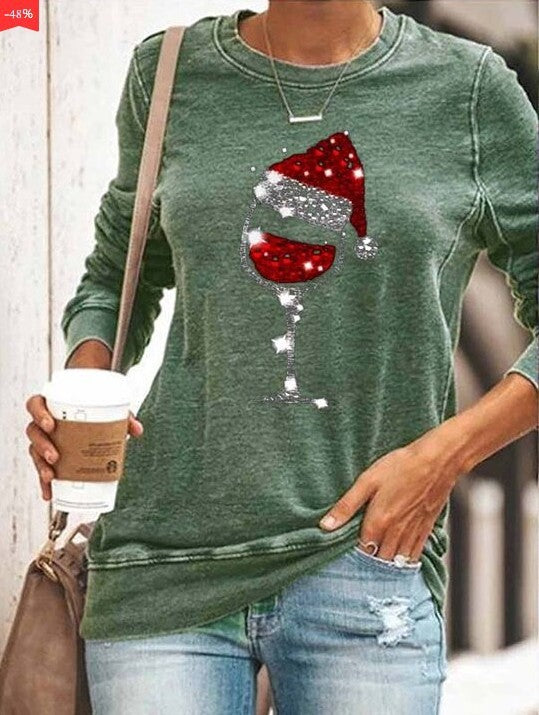 Women Christmas Wine Glass Print Sweatshirt Gomaki