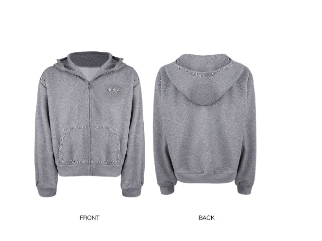 Oversized Grey Studded Zip Hoodie Gomaki