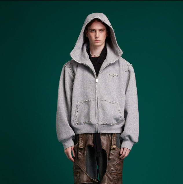 Oversized Grey Studded Zip Hoodie Gomaki