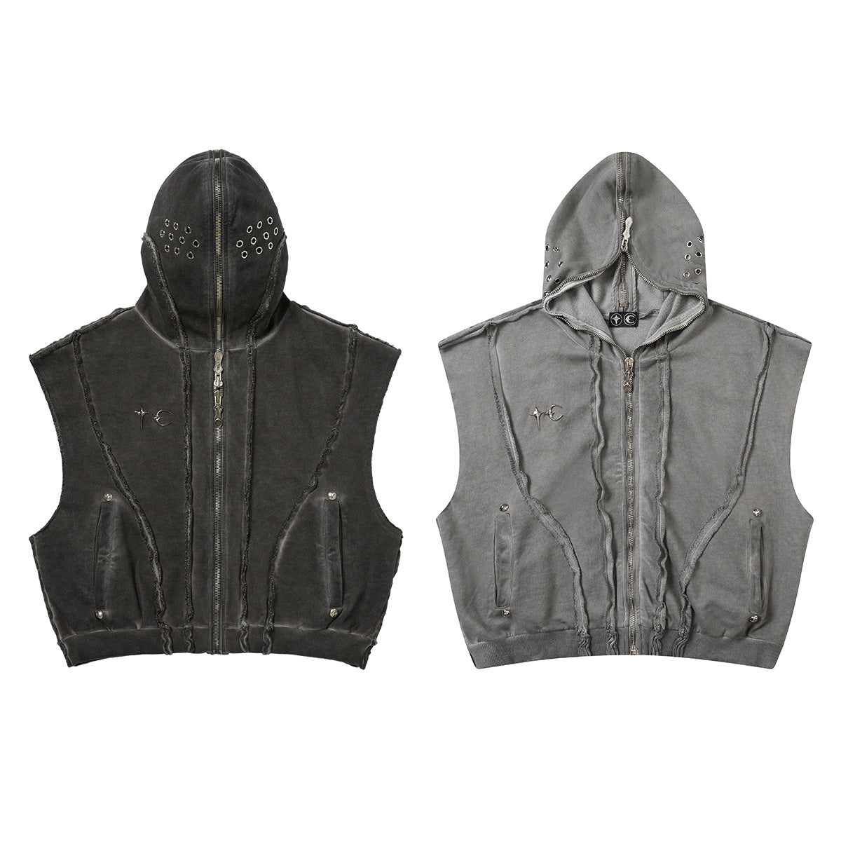Unisex Washed Grey Sleeveless Zip Hoodie with Face Cover Gomaki