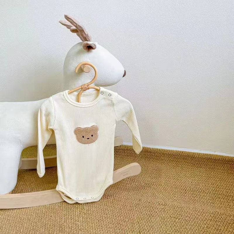 Baby Ribbed Cotton Romper with Bear Patch Gomaki