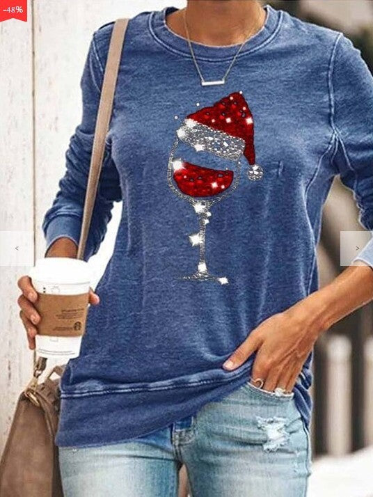 Women Christmas Wine Glass Print Sweatshirt Gomaki