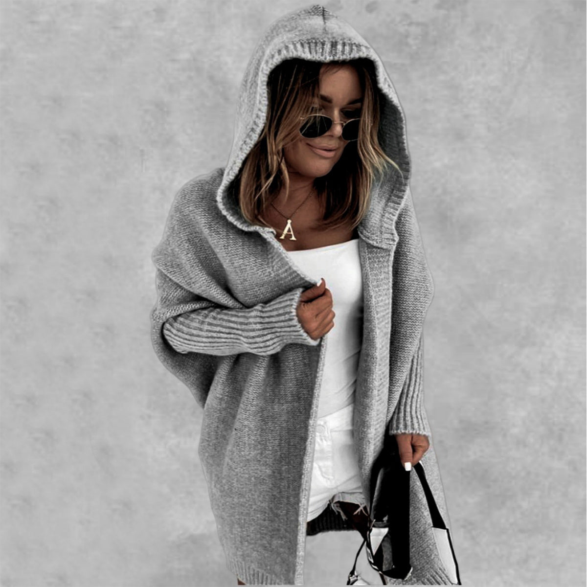 Women Hooded Long Knit Cardigan Gomaki