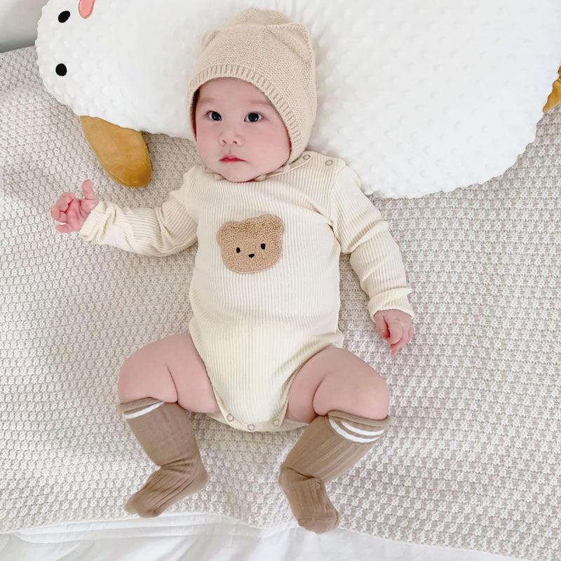 Baby Ribbed Cotton Romper with Bear Patch Gomaki