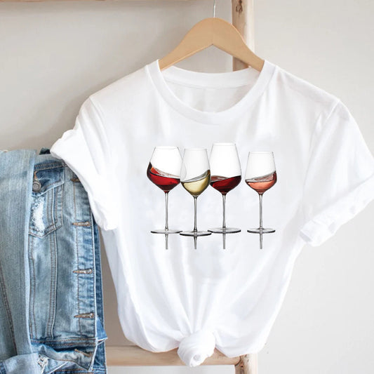 Wine Glass Trio Printed T Shirt Casual Cotton Tee for Wine Lovers Gomaki