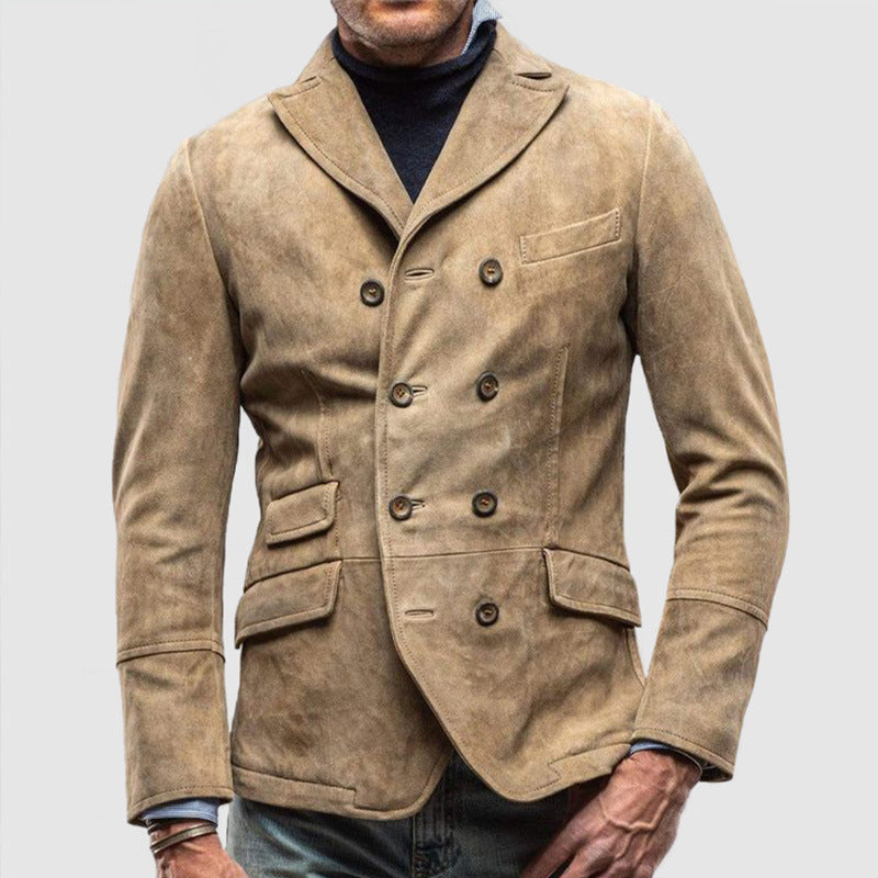 Men Vintage Suede Double Breasted Blazer Jacket Gomaki
