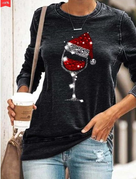 Women Christmas Wine Glass Print Sweatshirt Gomaki