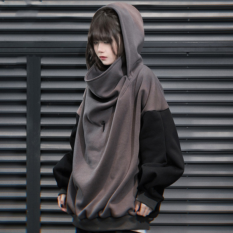 Unisex Oversized Two Tone Hooded Sweatshirt with High Collar Gomaki