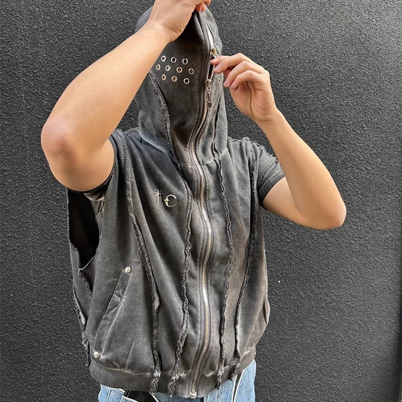 Unisex Washed Grey Sleeveless Zip Hoodie with Face Cover Gomaki