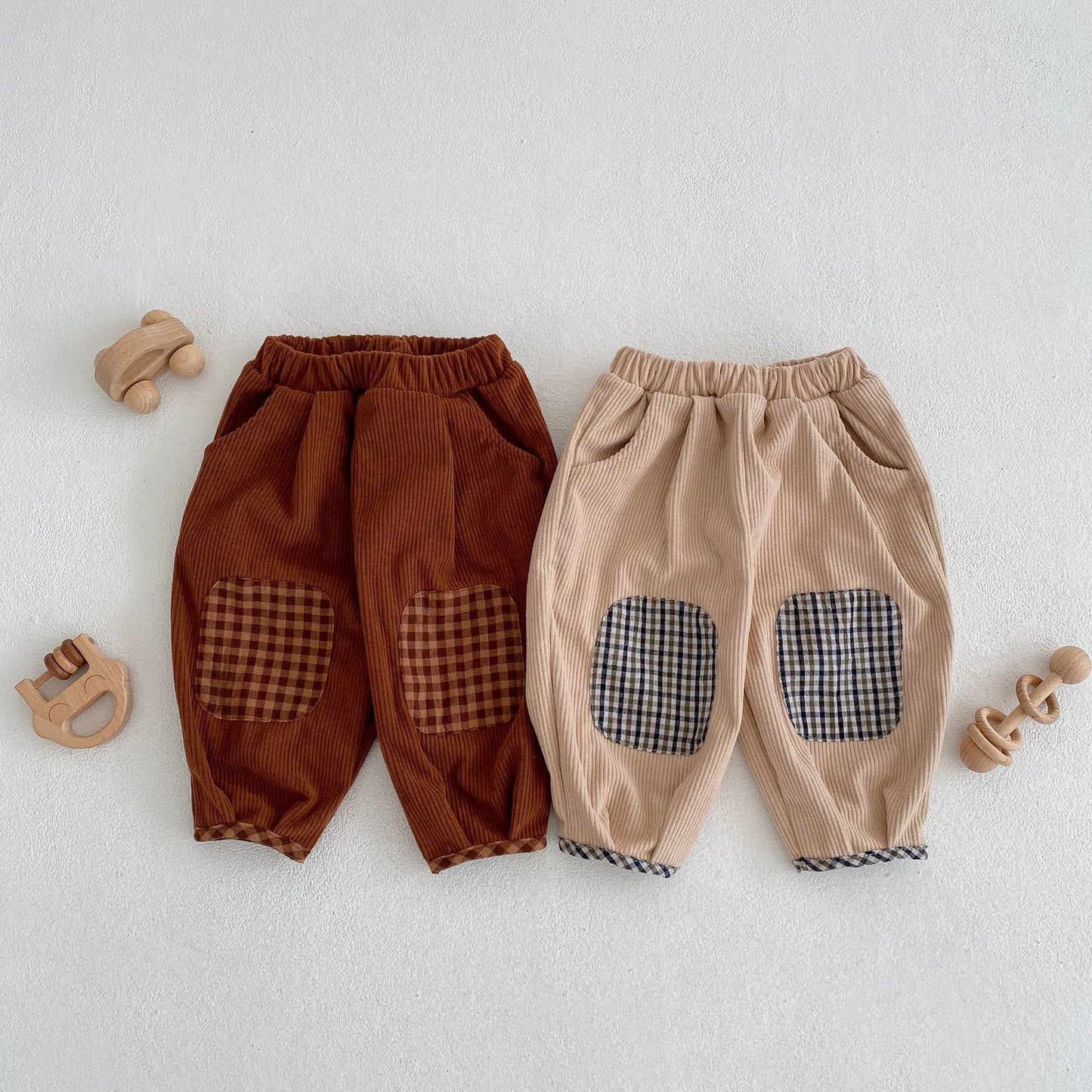 Baby Corduroy Pants with Plaid Patch Details Gomaki