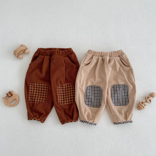 Baby Corduroy Pants with Plaid Patch Details Gomaki
