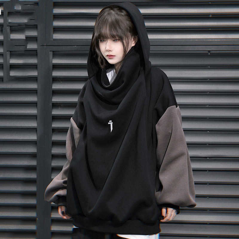 Unisex Oversized Two Tone Hooded Sweatshirt with High Collar Gomaki
